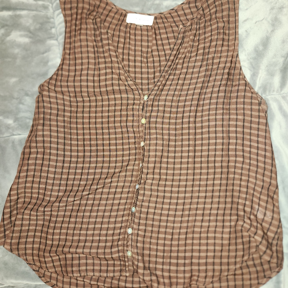 Cloth & Stone Tan Checkered Sleeveless Blouse